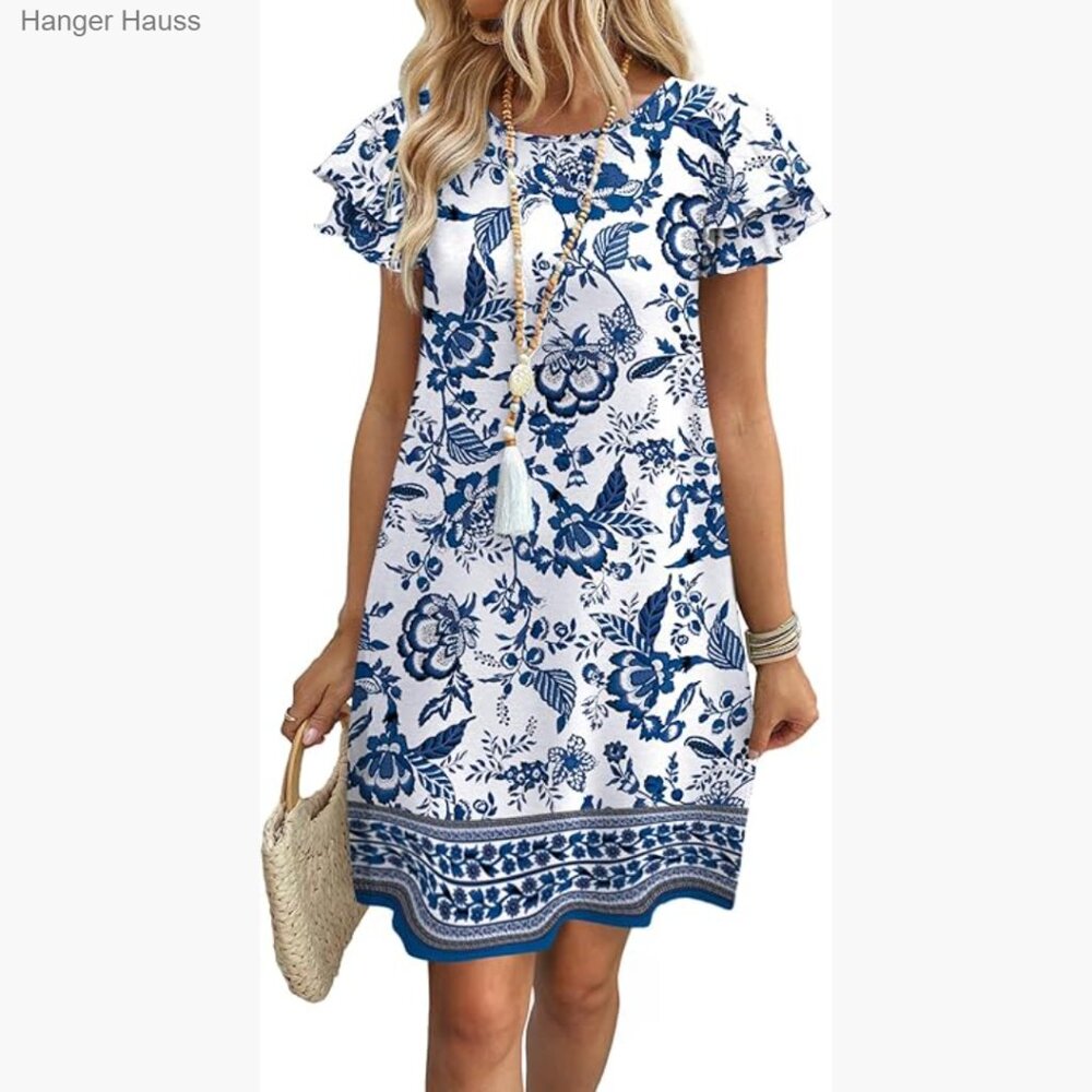 Loose Fit Summer Dress with Ruffle Sleeves and Pockets
